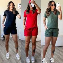 kit 3 conjunto feminino short feminino de moletom camiseta básica feminina blusa mais short de bolso blusa gola o - Preto.nude.off - Visão 4