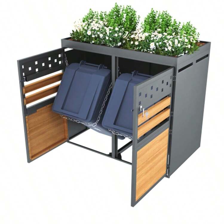 Double Bin Box With Green Roof, 120-240 Litres, Anthracite, Wood-Look Door, With Extension Option, Storage Box For Bins (Bin Not Integrated) - Grey - View 8