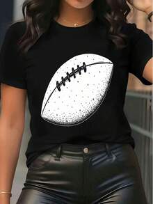 Camiseta de cuello redondo de manga corta con estampado gráfico de fútbol casual para mujer - Camiseta deportiva para el día del partido, ajuste holgado, top básico adecuado para uso casual - Negro - Ver 1