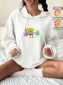 SPONGEBOB Este jersey con capucha y cordón de mujer de manga larga con costillas en color negro es adecuado para el otoño y el invierno. La parte delantera presenta una estampa alegre de Bob Esponja interactuando con un lindo conejo rosa y un oso de peluche azul, lleno de diversión. El corte holgado se adapta a varios tipos de Body, ya sea que se combine con vaqueros para un look casual o con una falda para un estilo juguetón, se puede combinar fácilmente. - Blanco - Ver 2