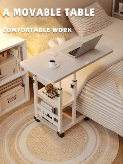 1pc White Wooden Laptop Desk - Adjustable Height Bedside Work Table With Wheels, Portable Office Stand For Bedroom, Living Room, Dorm, Office - Space Saving Design
