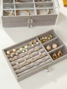 1个三层透明塑料绒布抽屉首饰收纳盒，可整理戒指、项链、手镯、耳环和吊坠，配有水晶形旋钮的优雅展示架，豪华三层首饰收纳盒 - 灰色 - 查看 6