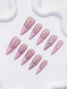 10pcs-Y2K Press On Nail, Long Tip, 100%Handmade, Reusable, Pink Nail, Nude Color, Paired With French, 3D, Cross, Little Snake, Suitable For Daily Wear, Party, And Also The Best Valentine's Day Gift For Girls And Women - Pink - View 2