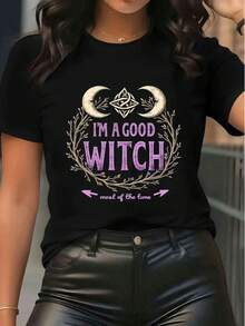 Women's Halloween Graphic Tee "I'M A GOOD WITCH Most Of The Time" Print Casual Crew Neck Short Sleeve T-Shirt Top - 黑色 - 查看 1