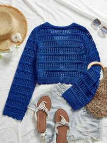 Royal Blue Long Sleeve Tie Front Cardigan Women's Crochet Knit Crop Top Mesh Sheer Summer Sweater Vacation Outfits Women Summer Clothes Squishy Soft Beach Cover Up Summer Tops For Women Sexy V Neck Open Front Shrug Lightweight Knitwear For Summer Outfits For Women Camping Essentials Aesthetic Fairycore Top For Holiday Outfits Dresses For Women Summer Pairing Breathable Outdoor Knit Shrug - 藍色*慵懶休閒 - 查看 2