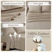 Flannel Sheets King Size Cozy 100% Cotton Flannel Bed Sheets Ultra Soft Cute Sheet Set Novelty Print Themed Cold Weather Warm Bedding Set Beige White Stripes 4 Piece - BeigeWhite Stripes - View 4