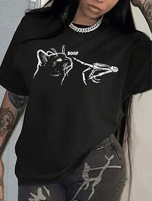 WomenS Gothic Graphic T-Shirt - Black Cat Skull Hand Design - Soft Crew Neck Tee For Everyday Halloween Outfits - màu đen - Xem 1