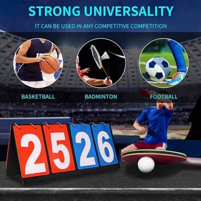 Bảng điểm hai màu (đỏ và xanh dương), dạng lật, đa năng, trang bị các chữ số điểm lớn bằng nhựa PVC kiểu cổ điển, phù hợp cho các trận đấu bóng đá, bóng rổ, bóng chày, bóng bàn, bóng chuyền. Nhẹ và dễ mang theo, thích hợp cho các giải đấu, trường học, phòng tập thể dục, sử dụng ngoài trời và làm dụng cụ chơi game tại nhà.