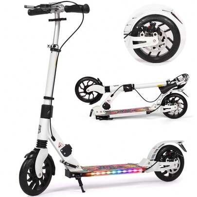Kick Scooter For Teens & Adults, 200mm Big Wheels Foldable Scooter For Kids Ages 8-12, Adult Scooters With LED Light-Up Deck, 4-Height Adjustable, Disc Brakes