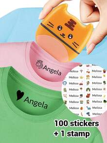 LICVIC 1 pieza Sello + 100 piezas Etiquetas con nombre - Sello de nombre personalizado para ropa de niños, resistente al agua, útiles escolares, sello de nombre personalizado con firma manuscrita, sello de ropa personalizado, sello de nombre de tinta de dibujos animados DIY, uso empresarial, útiles escolares, regalo de papelería para estudiantes, editor, moda de regreso a la escuela, organizador de viajes - Estilo A - Ver 14