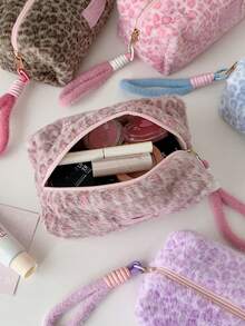 Leopard Print Plush Handbag, Portable Cosmetic Organizer Bag, Travel Large Capacity Clutch, Coin Purse - Multicolor - View 8