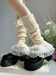 1 đôi tất giữ ấm chân kiểu Lolita màu be dành cho nữ, có nơ và ren, dệt kim. - Màu be - Xem 5