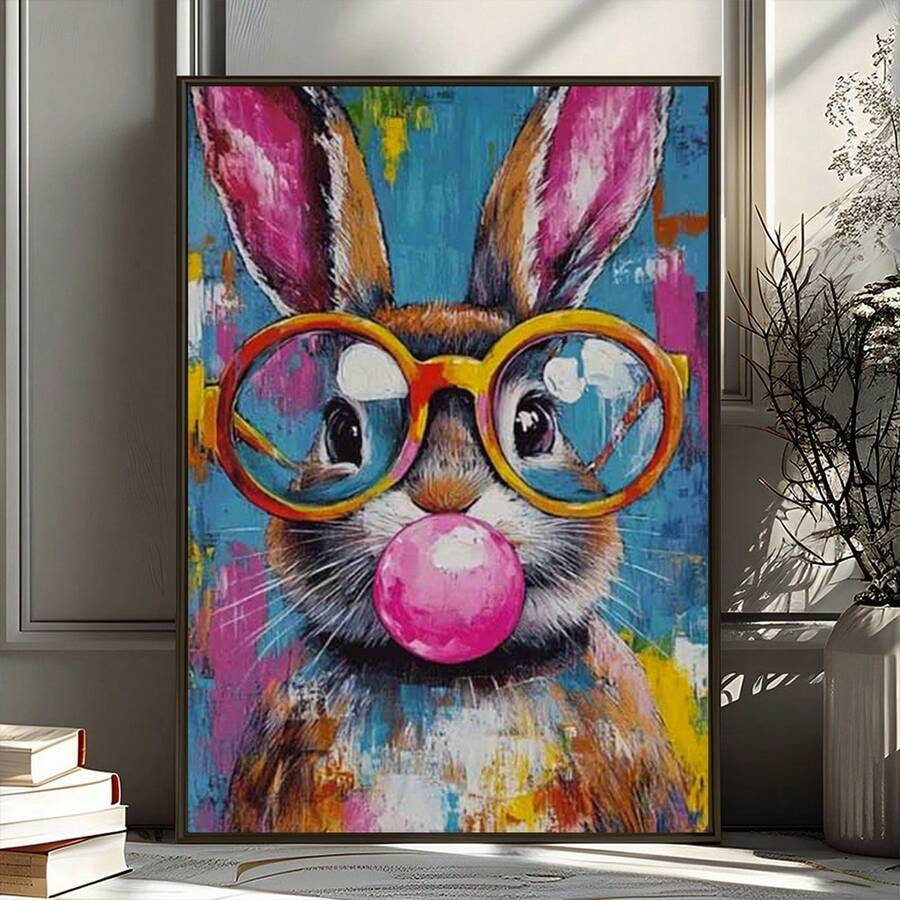 1pc Cute Rabbit Wearing Glasses Canvas Art Print - Vibrant Easter Wall Decor, Frameless Home Room Decoration, Ideal Holiday Gift, Rabbit Accessory - Multicolor - View 1