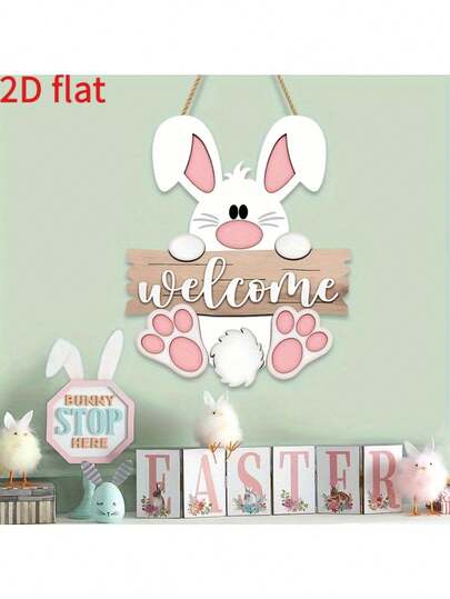 1 pieza Letrero de bienvenida de conejo plano de madera gruesa impresa en 2D, decoración colgante para puerta, placa colgante para entrada y patio, adecuada para 11 días festivos