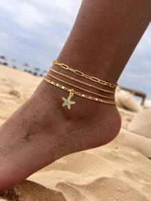 4pcs/Set Women Anklet Set, Bohemian Summer Beach Vacation Stacking Style, Copper Inlaid Blue Zirconia Starfish, Golden Plated Round Bead Chain, Paperclip Chain, Flat Piece Chain, Multi-Layer Anklet Set, Ocean Series Anklet Accessories, Gift - Yellow Gold - View 1