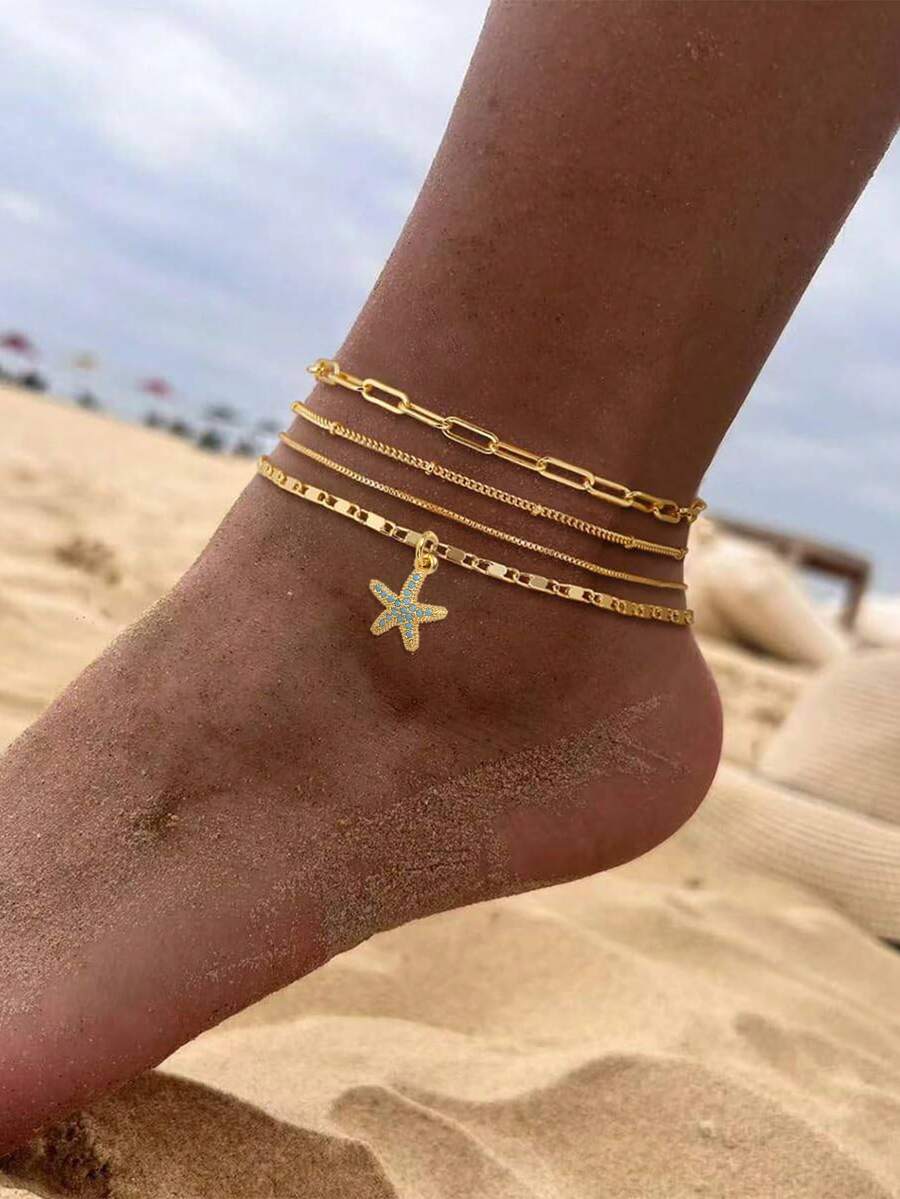 4pcs/Set Women Anklet Set, Bohemian Summer Beach Vacation Stacking Style, Copper Inlaid Blue Zirconia Starfish, Golden Plated Round Bead Chain, Paperclip Chain, Flat Piece Chain, Multi-Layer Anklet Set, Ocean Series Anklet Accessories, Gift - Yellow Gold - View 1