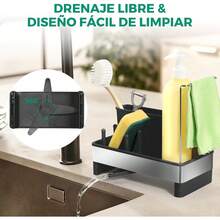 ¡RecomendadoSoporte para Esponja para Fregadero de Cocina con Bandeja de Drenaje, Porta Esponja para Fregadero de Acero Inoxidable con Portacepillos y Escurridor de Paño de Cocina Organizador de Fregadero Cocina¡Top de Temporada - Negro - Ver 5