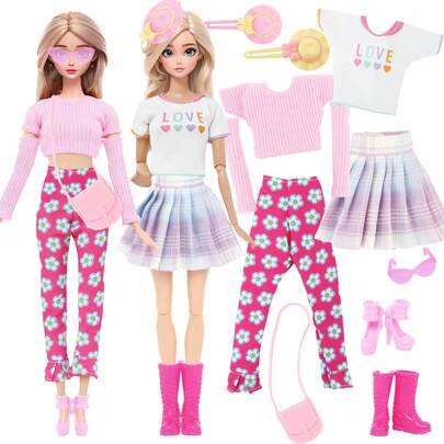 10 Pieces Fashion Doll Clothes With Accessories For 11.5 Inch Girl Dolls, Including 2 Sets Doll Outfits & 5 Pieces Accessories, Girlish Style, Doll Dress Up Game Toys Birthday Gift Christmas Stocking Stuffers(Doll Not Included)