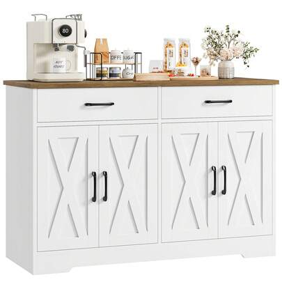 Aparador, armário de cozinha de 120 cm de largura com bancadas, armário de armazenamento de buffet de cozinha com 2 gavetas e 4 portas sala de estar, cozinha, corredor