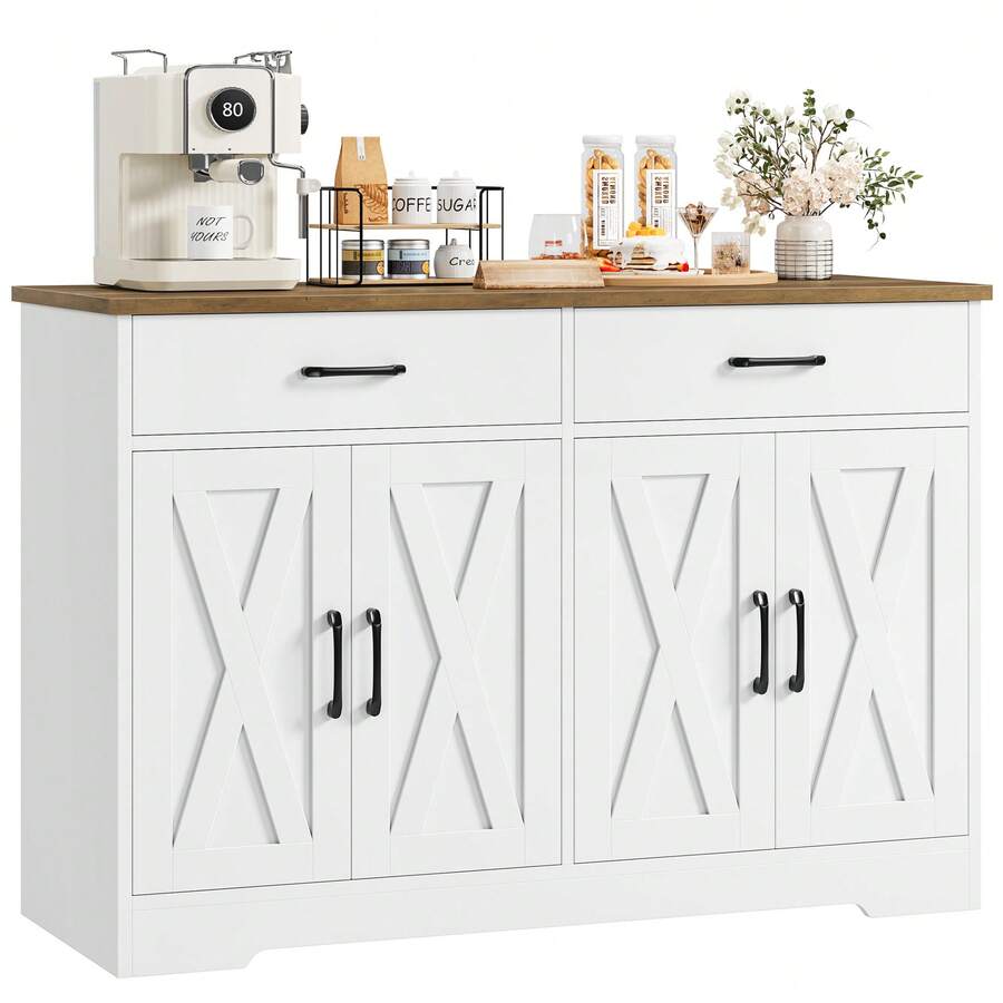 Sideboard, 120cm Wide Kitchen Cabinet With Worktops, Kitchen Buffet Storage Cabinet With 2 Drawers And 4 Doors Living Room, Kitchen, Hallway - 白色 - 查看 1