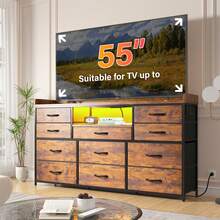 EnHomee Dresser For Bedroom With 11 Drawers 60" TV Stand With LED Lights & Charging Station Long Dresser With Shelves & 4 Hooks,Sturdy Metal Frame & Fabric Drawers - 查看 3