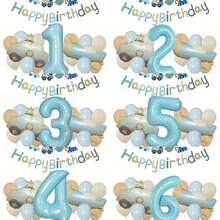 32-Inch Light Blue Matte Vintage Airplane & Car Number Balloon Set, Birthday Party Decoration, Scene Layout, Photo Props - Baby Blue - View 7