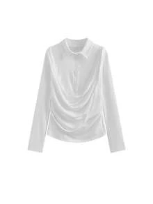 Plunging Neck Splicing 2 In 1 Fitted Long Sleeve T-Shirt Blouse For Women, Stylish Design White Casual - White - View 4