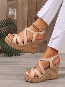 Giày sandal đế xuồng nữ quai chéo, thoải mái, hở mũi, đế cao, kiểu dáng thường ngày, thanh lịch, chất liệu cork, thích hợp cho ngày Valentine, mua sắm, nghỉ mát, mùa hè, đi làm. - Màu Khaki - Xem 7