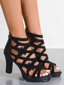 Black Roman High Heel Sandals, New Fashion Hollow Butterfly Design Peep Toe Boots, Elegant Mother Shoes For Summer - Black Butterfly Rhinestones - View 5