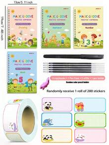 4pcs/Set Kids Learning English Graphic, Numbers & Color Block Reusable Notebook For Handwriting Practice (Random Pen Holder Included) Back To School