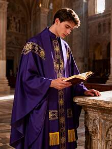 Medieval European Priest/Monk Robe Cosplay Costume, Includes: Printed Loose Robe, Fringed , Cross Accessory - Purple - View 2