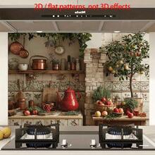 1-Piece Minimalist Kitchen Wall Sticker Features A Stone Wall Paired With Wooden Cabinets, Displaying Ceramic Jars And Fruit, Exuding A Rustic Charm. Easy To Apply And Durable, Made From High-Quality PVC Material. 2D Flat Design. - Multicolor - View 2