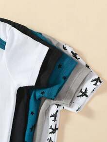 5-Piece Baby Triangle Jumpsuit Set Cotton Airplane Bowtie Printed Soft And Comfortable Baby Romper For Boys Wrapped Burden For Kids Baby Boys Clothes For Outdoor Use, Daily Home Wear - 灰色 - 查看 7
