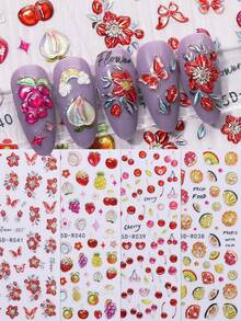 4pcs Spring/Summer Floral, Butterfly, Fruit 3D Nail Art Stickers, Vintage Delicate Design, 5D Exquisite Stickers, Suitable For Valentine's Day, Easter, Music Festivals, Wedding Season, Carnival Themes, Easy To Apply, For Nail Decoration, DIY, Holiday Gifts, Y2K Style Nails Nail Supplies - Multicolor - View 2