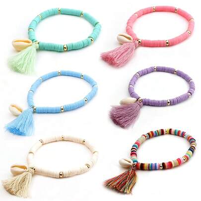 1件贝壳+流苏+聚合物粘土手链，18.5厘米彩色波西米亚贝壳装饰编织手链，夏威夷海滩度假风，手工DIY手链底座配件