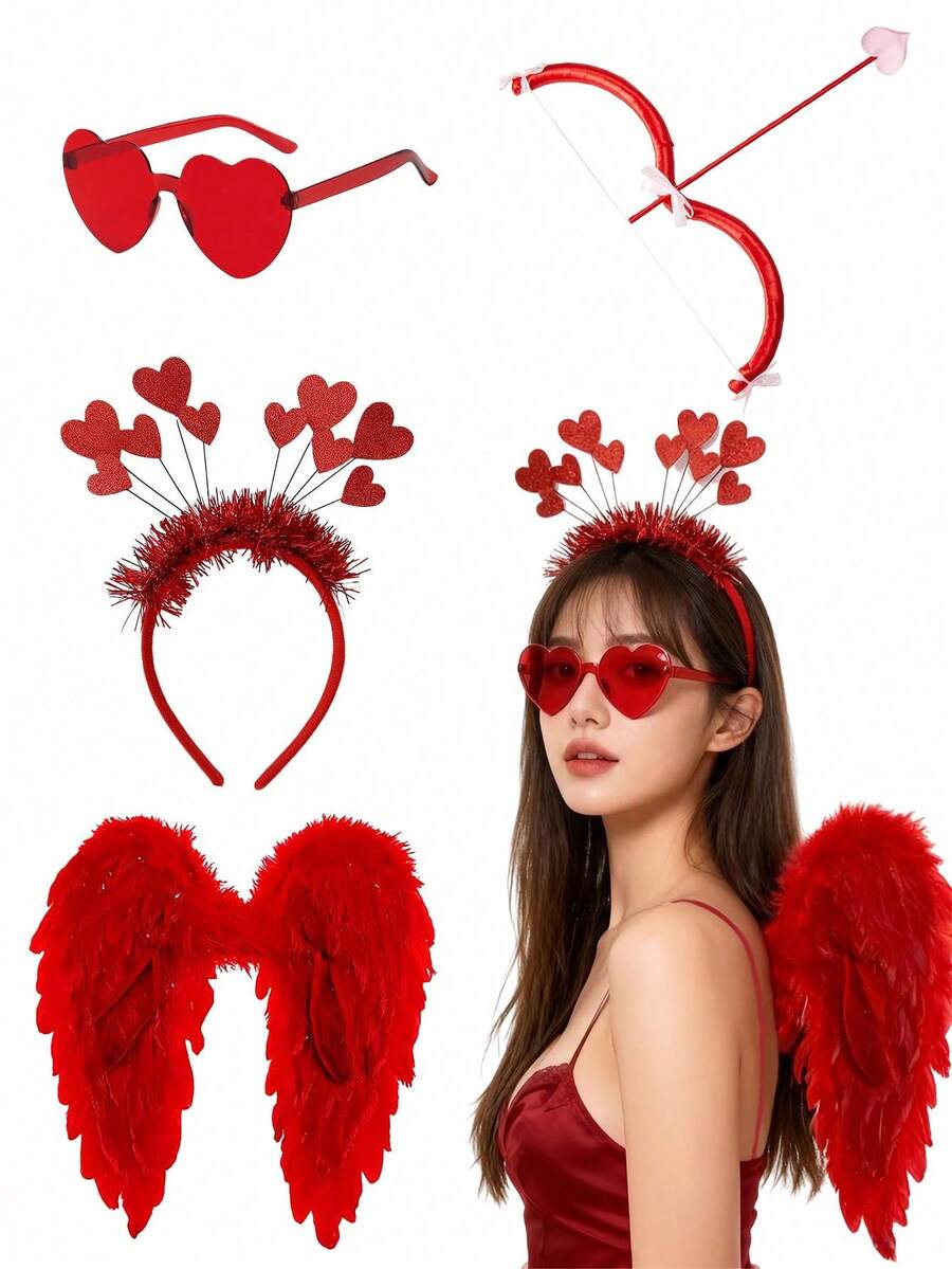 4pcs Cupid Valentine's Day Costume Set, Including Red Wings, Bow & Arrow, Headband And Glasses, Suitable For Holiday Role Play, Photo Props, Birthday Gifts, Romantic Decor, Special Nights, Anniversary Decor, Valentine's Day Party Supplies, Valentine's Day Costume Accessories, Unisex, Also Suitable For Singles Valentine's Day Party - Multicolor - View 1
