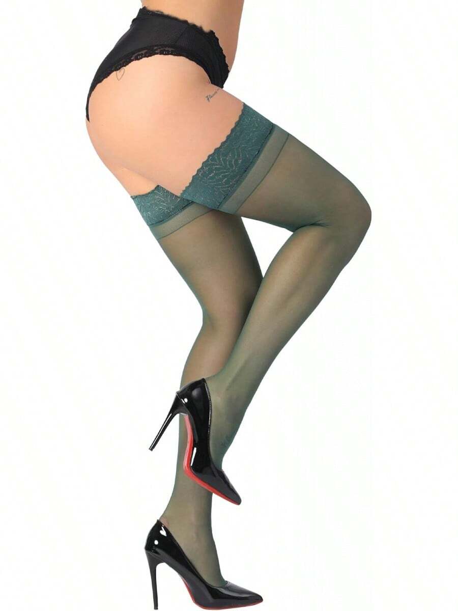 Sheer Silicone Lace Thigh High Stockings For Women 17+ Colors Ultra-Soft Silky Fabric Seamless Fit Long Lasting Comfort Plus Size Available - 綠色 1 對 - 查看 1