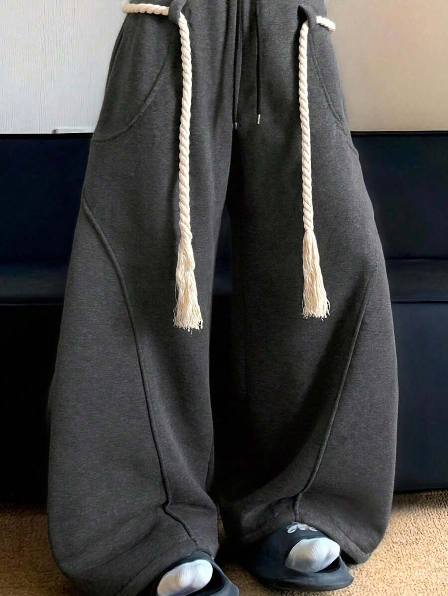 Men's Grey Thick Rope Drawstring Loose Wide Leg Casual Pants