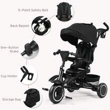 Kinder King Kids Trike Tricycle For Toddlers 1-3, 8 In 1 Folding Toddler Trike W/1-Step Brake, Adjustable Push Handle, Rotatable Seat, Adjustable Canopy, Bell, 5-Point Harness, Storage, Black - Black - View 7