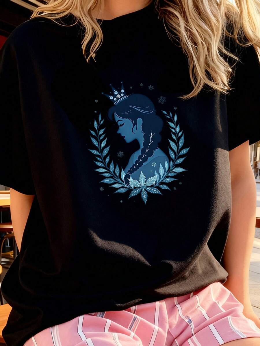 2 Camisetas de manga corta de algodón puro inspiradas en Frozen, con diseño de copos de nieve de invierno para mujeres - Negro 1 - Ver 1