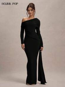 女士纯色不对称荷叶边系带设计优雅收腰鸡尾酒会礼服