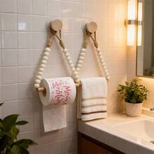 1/2pcs Rustic Style Paperless Tissue Paper & Towel Rack - Natural Wood Bark Bathroom Shelf, Rope & Wooden Ball System, Farmhouse Style Bathroom Accessory (Compatible With Roll Paper), Tissue Box - Multicolor - View 4