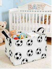 大型黑白足球图案洗衣篮 - 可折叠圆形篮，配有结实耐用的布质提手，足球主题房间装饰，便携式衣物收纳箱，洗衣篮 - 黑色 - 查看 3