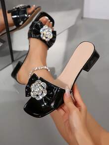 法式方头水钻蝴蝶结粗跟凉鞋，百搭显瘦，夏季新品 - 黑色 - 查看 1