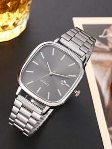 Vintage Square Quartz Watch For Men, Business Steel Band Calendar Wrist Watch, Fashion Minimalist Quartz Watch - Silver - View 6