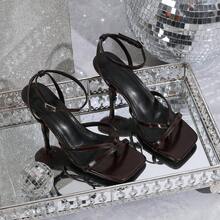 صندل نسائي أنيق مريح مفتوح الأصبع بكعب عالٍ بحزام الكاحل باللون البرغندي، متعدد الاستخدامات للحفلات والمناسبات والعطلات والنوادي الليلية - عنابي اللون - مشاهدة 2