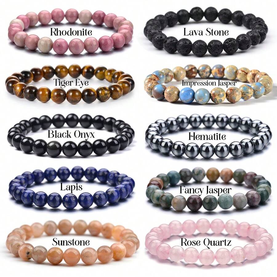 1PC 8mm Natural Stone Rose Quartz Lava Stone Tiger Eye Stretch Bracelet - Semi-Precious Gemstone Beaded Jewelry For Women & Men, Dainty Yoga Healing Bracelet Gift - Multicolor - View 1