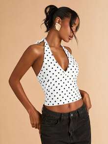 1 Piece White Polka Dot Tie Detail Halter Top, Sexy Chic Backless Open Back Crop Top For Women, Perfect For Party, Date Night And Vacation - 白色 - 查看 8