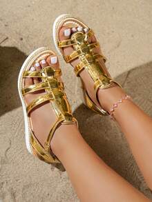 Women's Fashion 2026 Bohemian Style Wedge Thick Bottom Round Toe Adjustable Metal Buckle 5.5CM Rope Bottom Gold Casual Sandals, Women's Retro Adjustable Metal Buckle Gold Roman Shoes, Suitable For Beach, Vacation, Wedding, Daily Wear - Gold - View 4