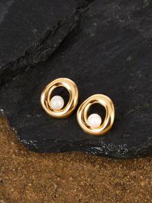 Opalesca 1 对女士时尚优雅 18K 镀金圆形不锈钢耳环，饰有珍珠，日常百搭几何不锈钢耳环，高品质防水，适合度假和海边佩戴 - 珍珠 - 查看 2